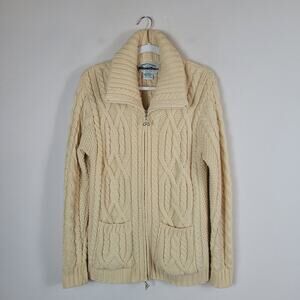 Aran Crafts Sweater Small Yellow Wool Zip Cardigan Collared Pockets Cable Knit